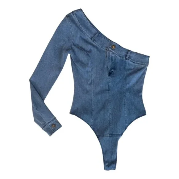 JuxLabel Denim One Shoulder Bodysuit Women's Medium Wash - Picture 4 of 7